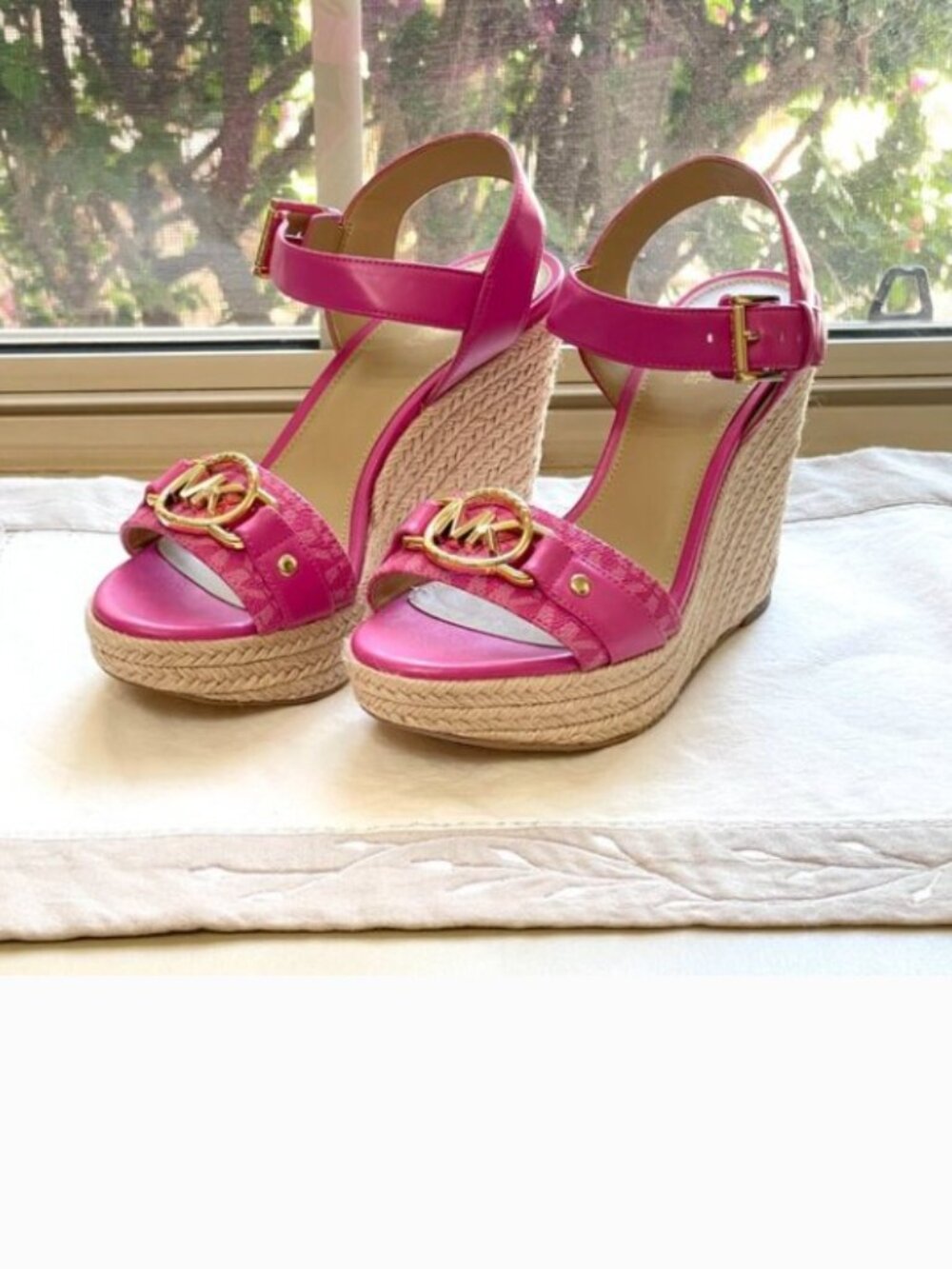 Michael Kors 6 MK Rory Espadrille Wedge Platform Sandals Cerise Pink Gold Logo